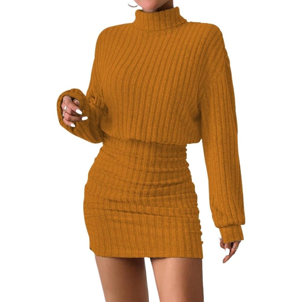 Women Pullover Orange Sweater Dress Lantern Sleeve Turtleneck Ribbed Mini